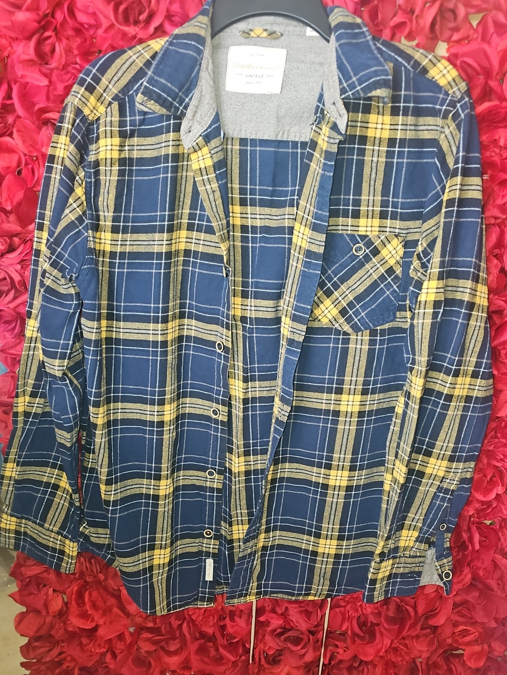 Weatherproof Vintage Blue and Yellow Plaid Button-Down Shirt Size Large